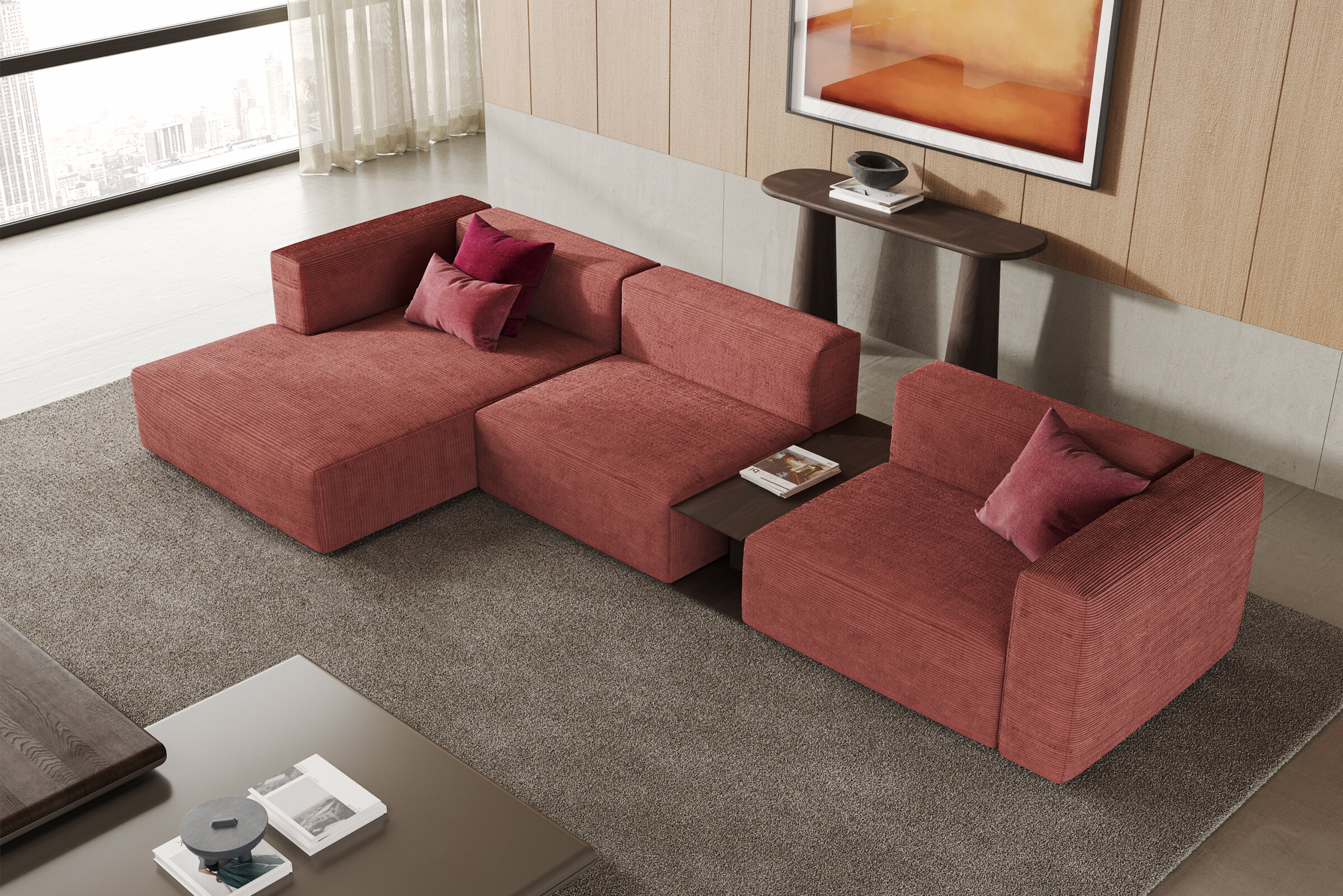 Détail des accoudoirs du canapé Cubic