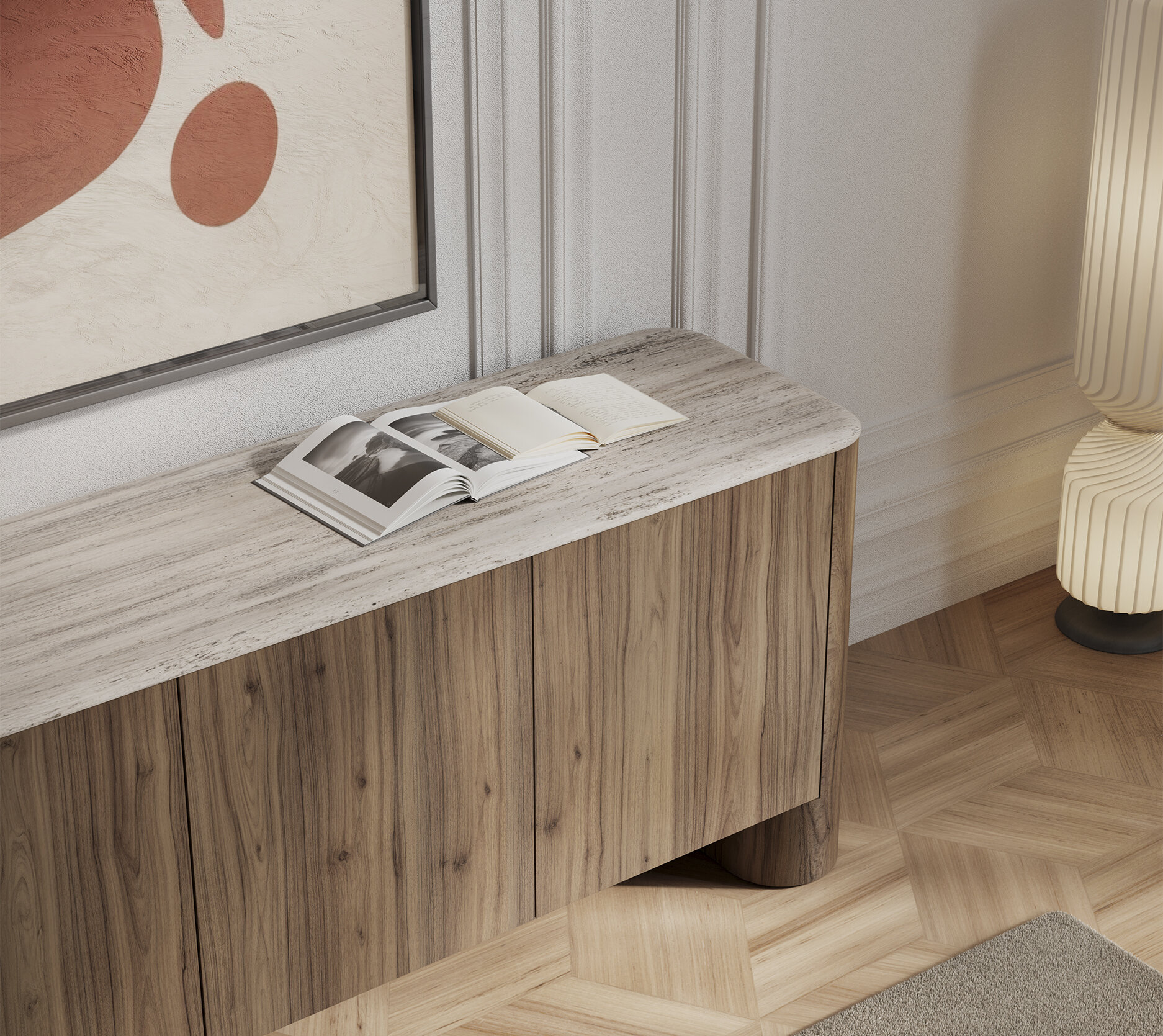 Gros plan sur les matériaux du buffet Enna