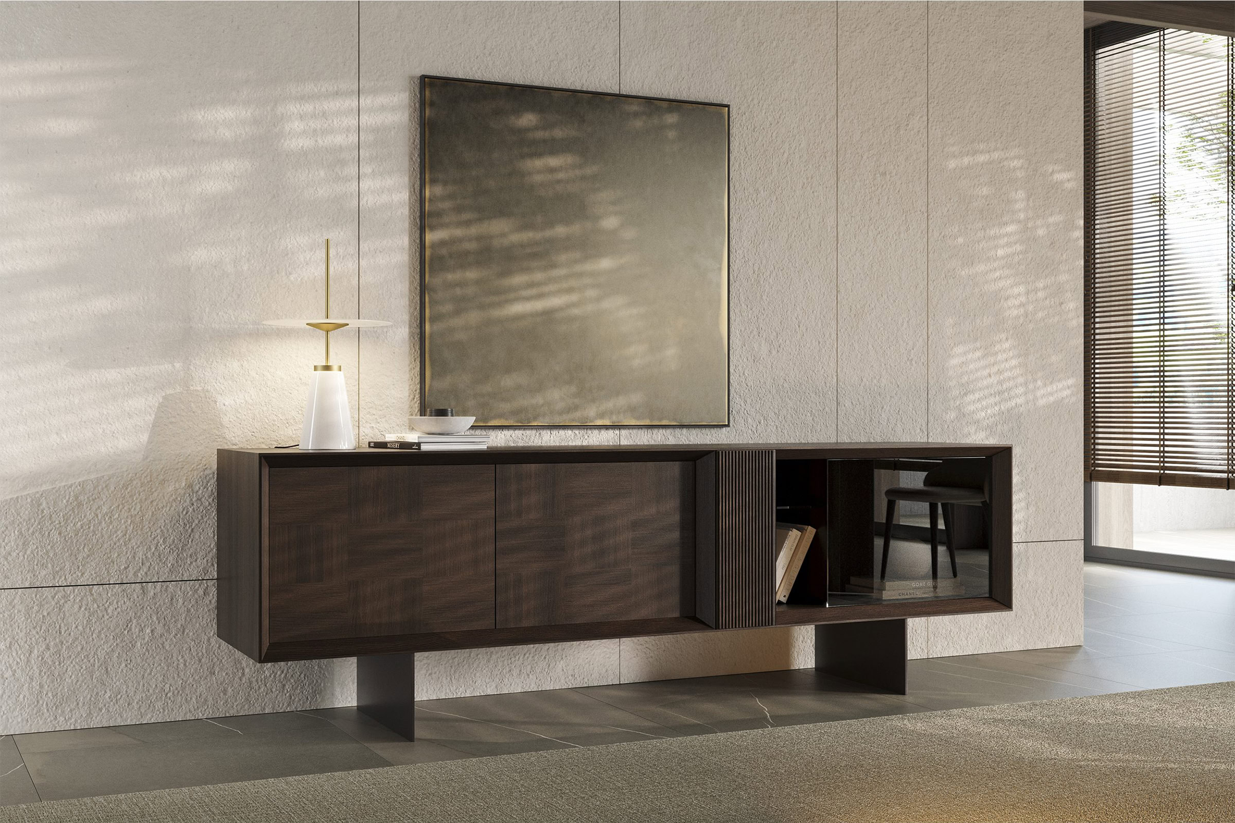 Détail du design matelassé du buffet Héritage