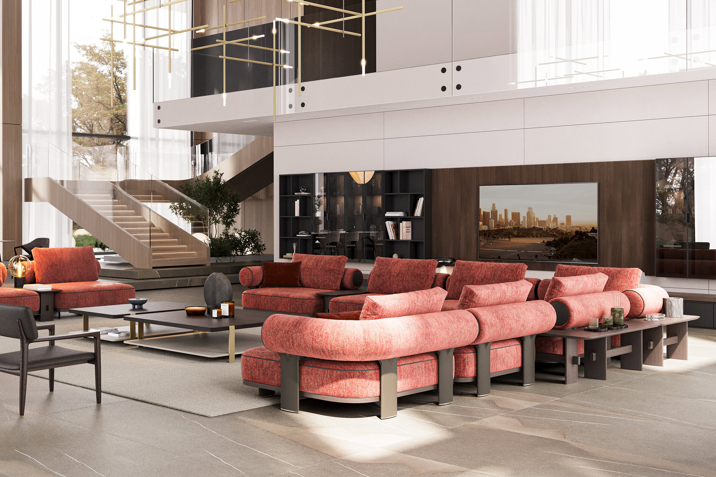 Canapé d'angle Kyoto en tissu rouge