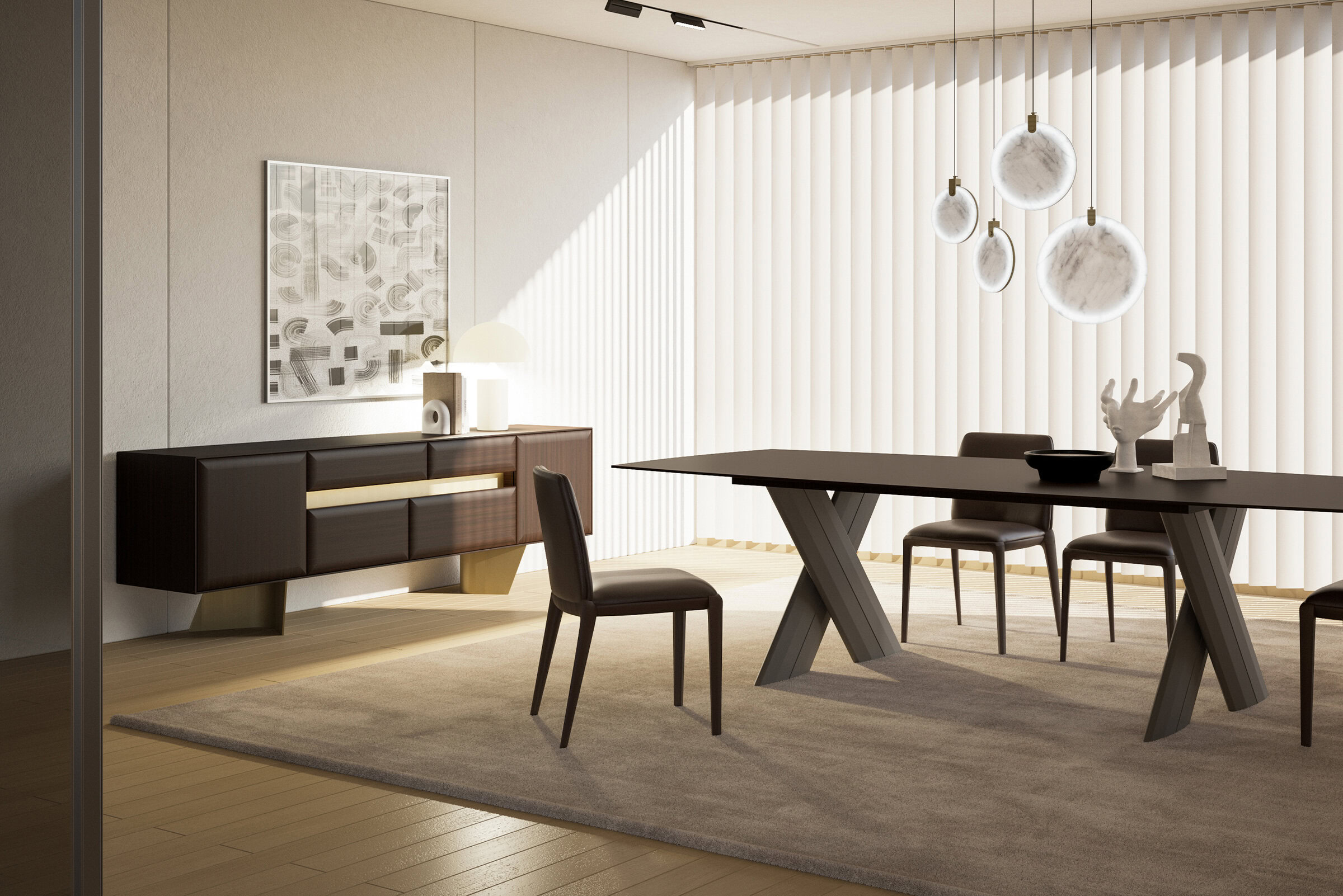 Détail du design cannelé du buffet Madlen