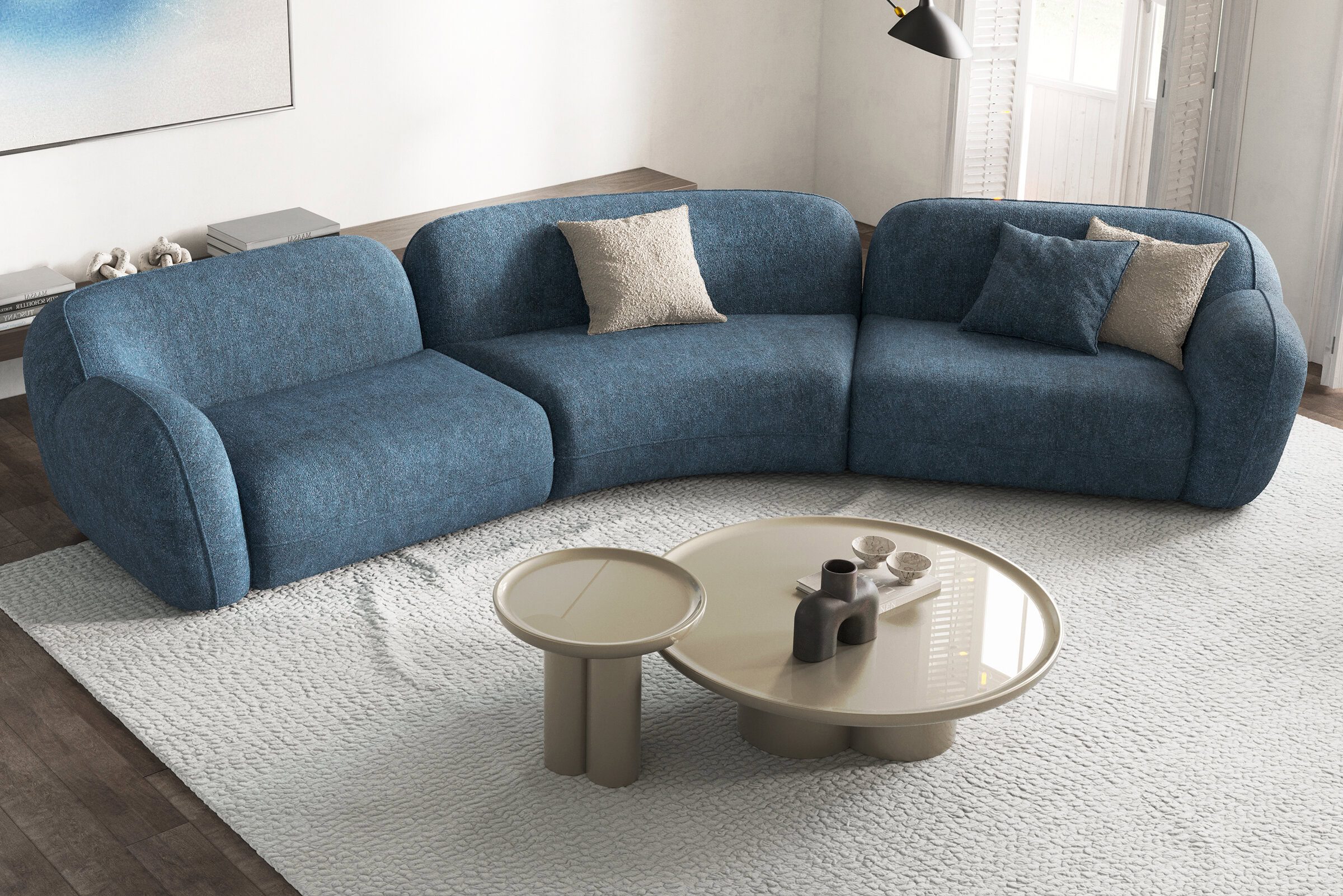 Détail du design à trois pieds de la table Tridente